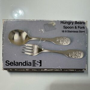 Vintage Selandia Hungry Bears Baby Fork Spoon Set– Teddy Bears- Japan